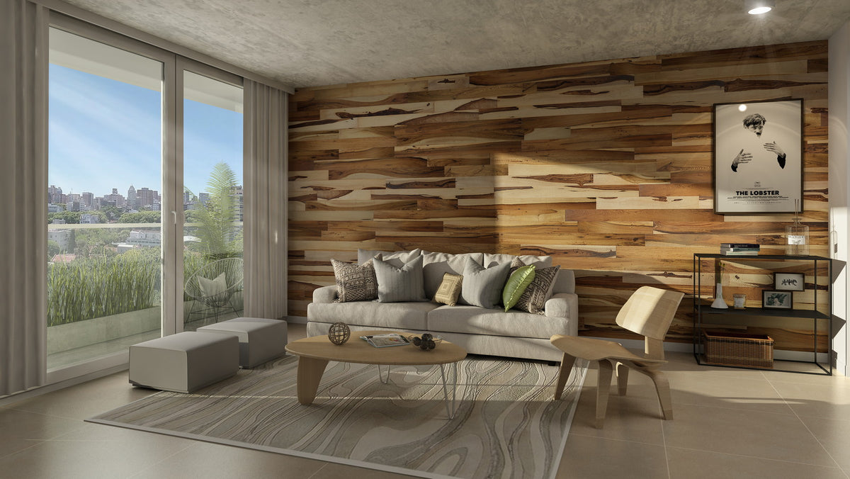 Guayubira wood accent wall in a living room