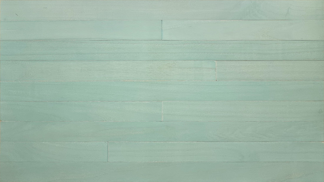 Aqua color-washed paulownia wood wall planks, front view