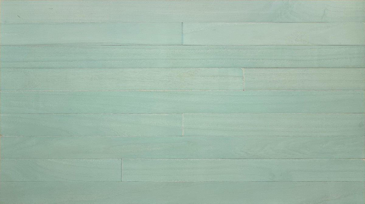 Aqua color-washed paulownia wood wall planks, front view