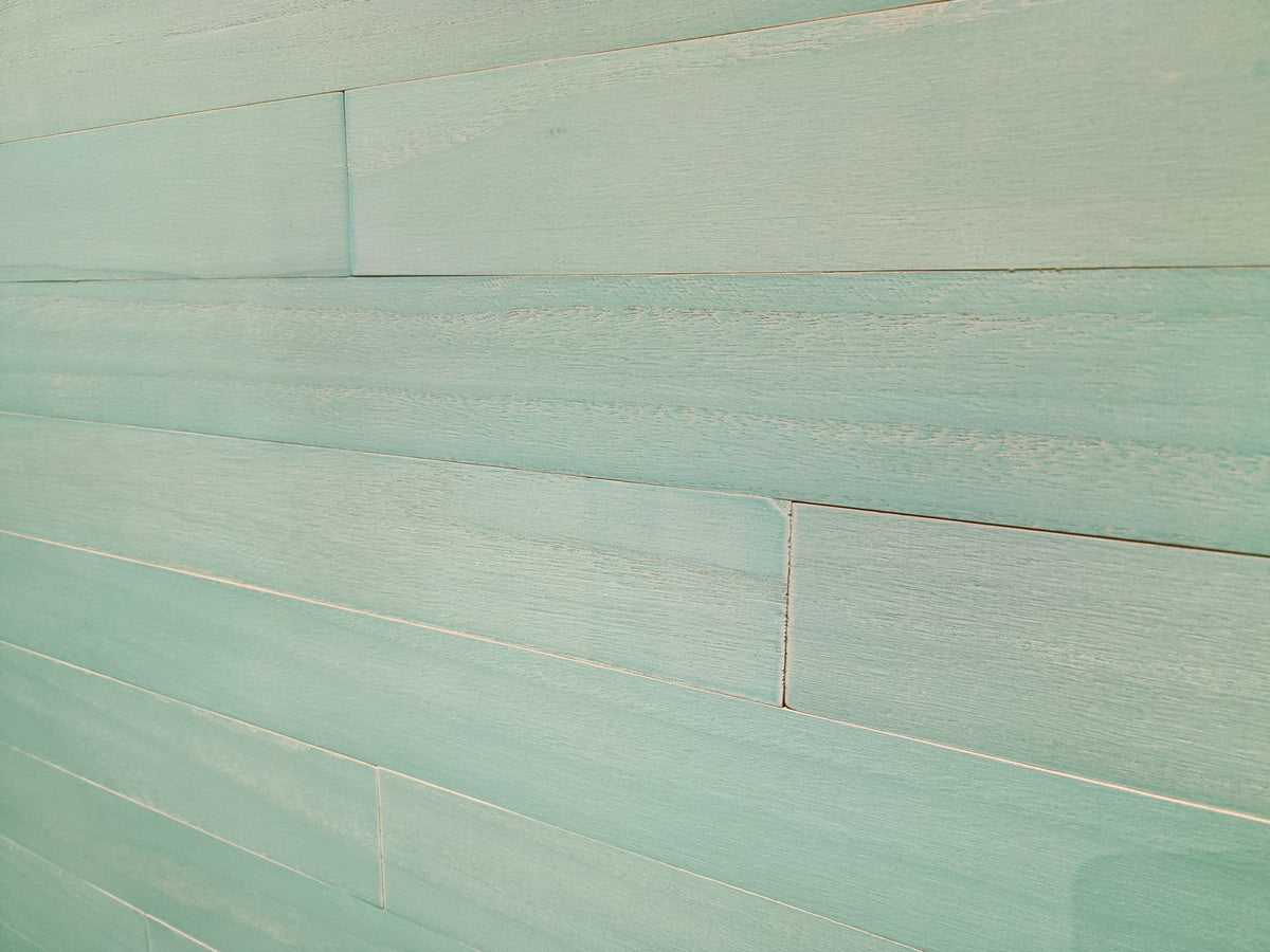 Aqua washed paulownia wall planks, edge profile