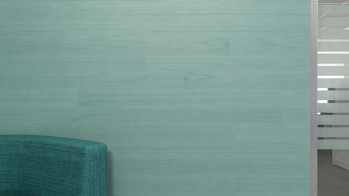 Aqua color-washed wood accent wall, interior view