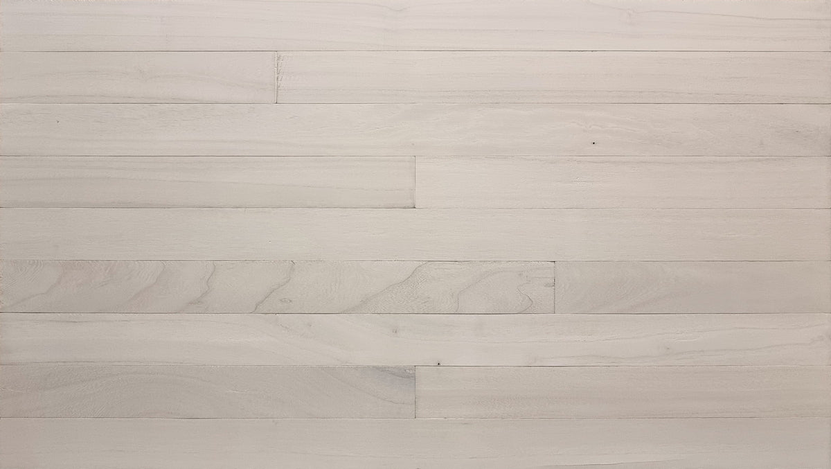 White color-washed paulownia wood wall planks, front view