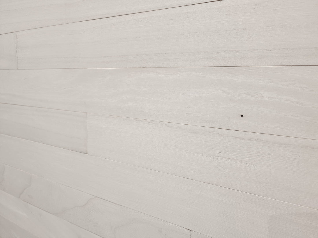 White color-washed paulownia wood wall planks, front view
