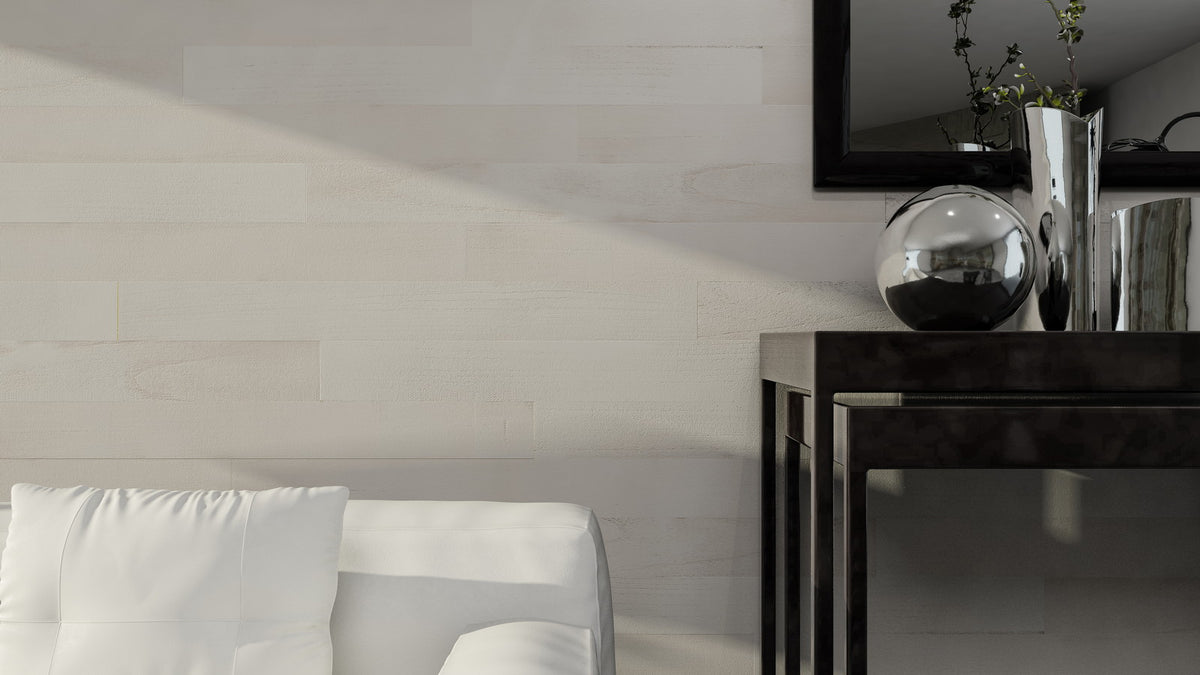 White color-washed wood accent wall, interior view