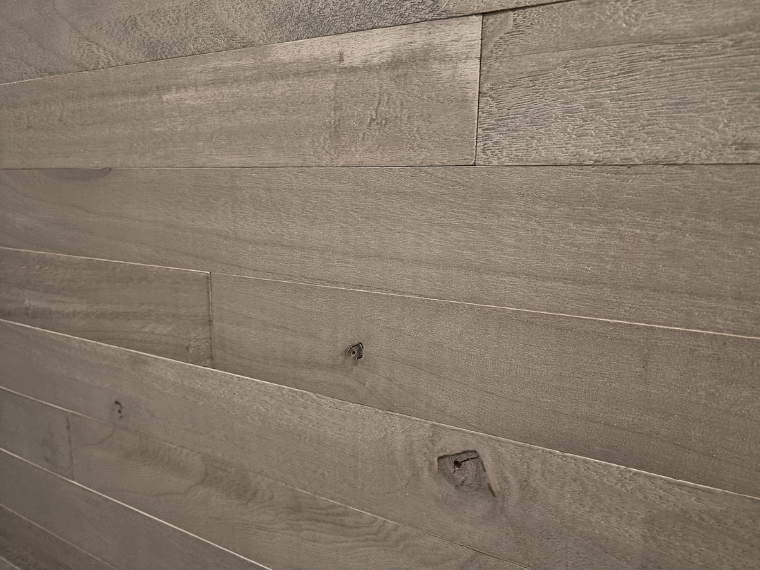 Grey color-washed paulownia wood wall planks, front view
