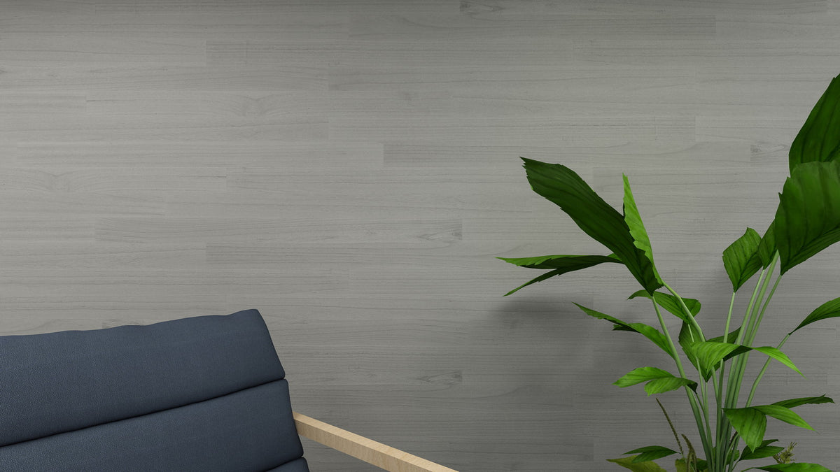 Grey color-washed wood accent wall, interior view