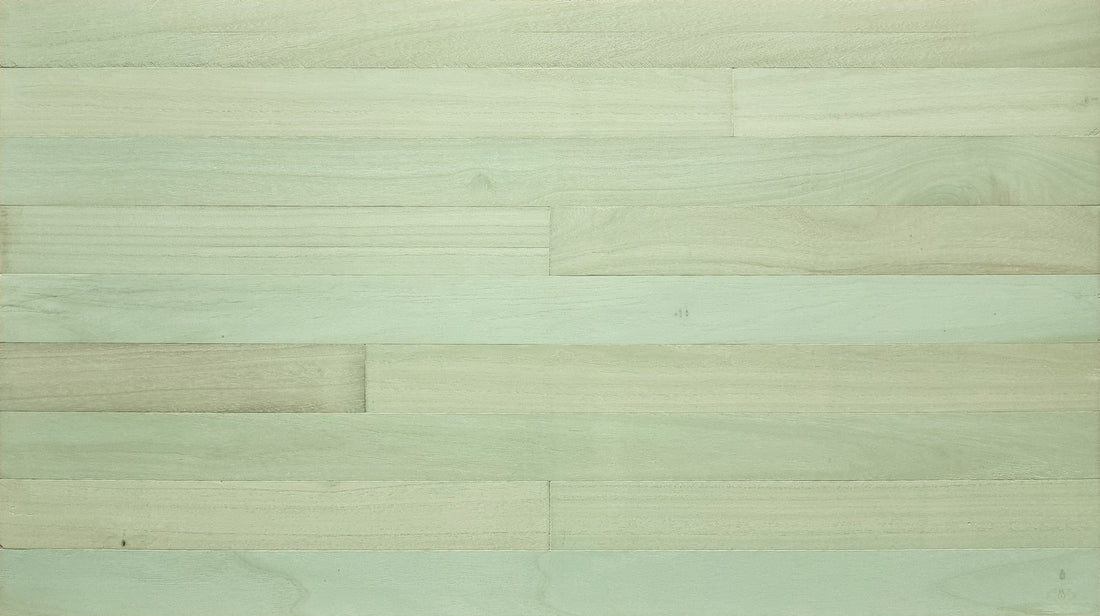 Sage green color-washed paulownia wood wall planks, front view