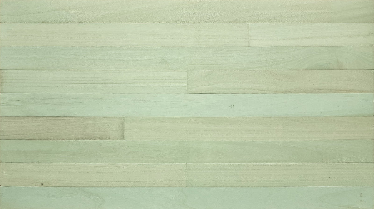 Sage green color-washed paulownia wood wall planks, front view