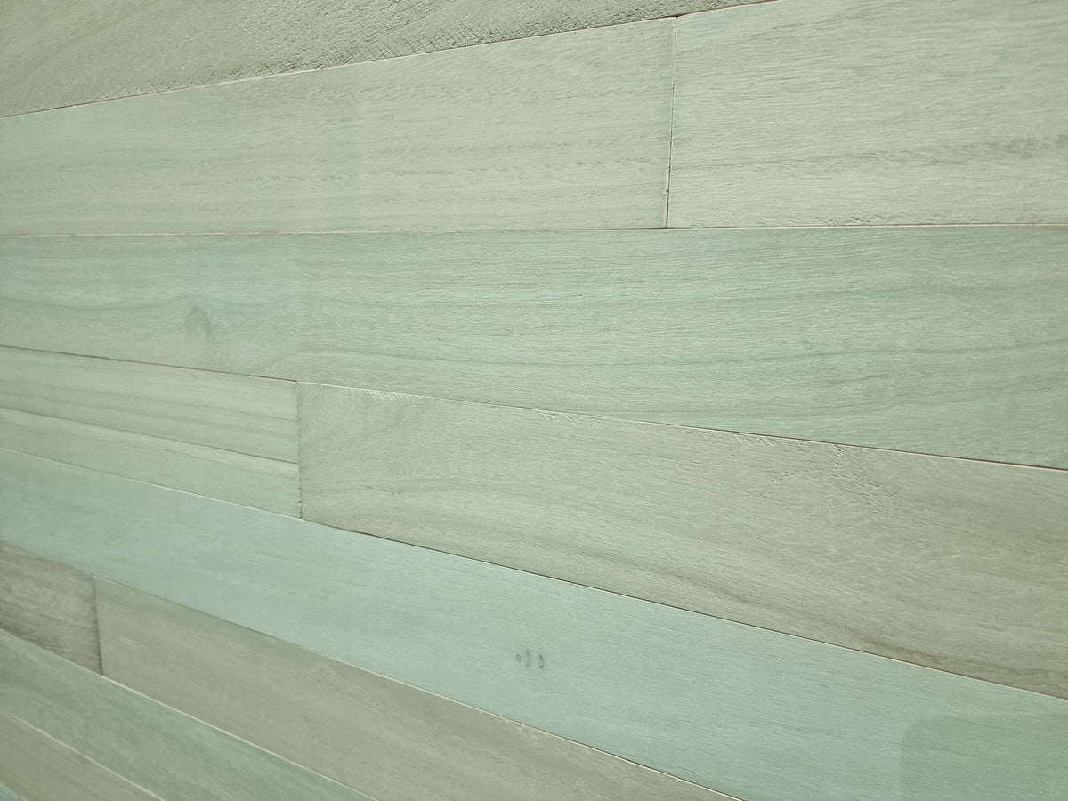 Sage green washed paulownia wall planks, edge profile