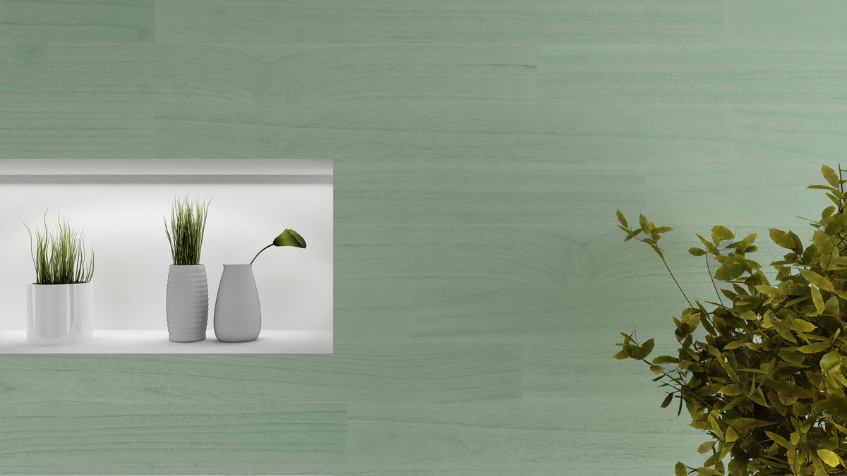 Sage green wood wall planks on an interior wall