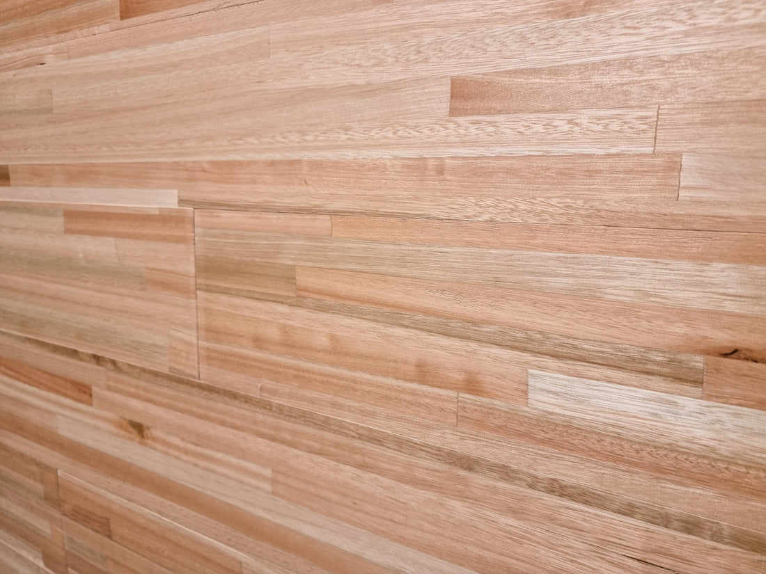 Strips eucalyptus wood mosaic wall panel, front view