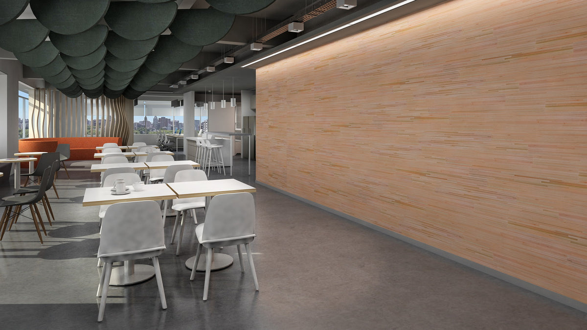 Eucalyptus strip mosaic wood wall in an interior