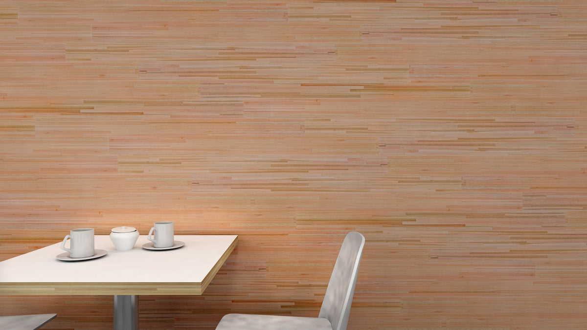 Strips wood mosaic accent wall, wide interior view