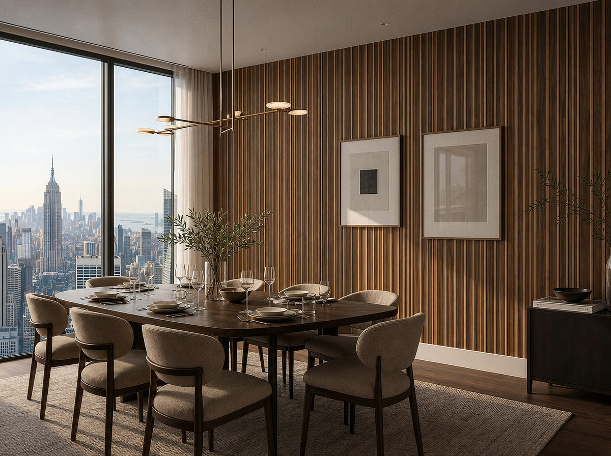 Panel de listones autoadhesivo LOFT Espresso Walnut, perfil Cadence, en un comedor