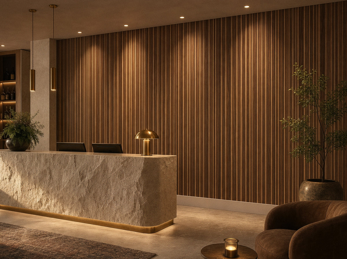 Panel de listones autoadhesivo LOFT Espresso Walnut, perfil Cadence, en un hotel