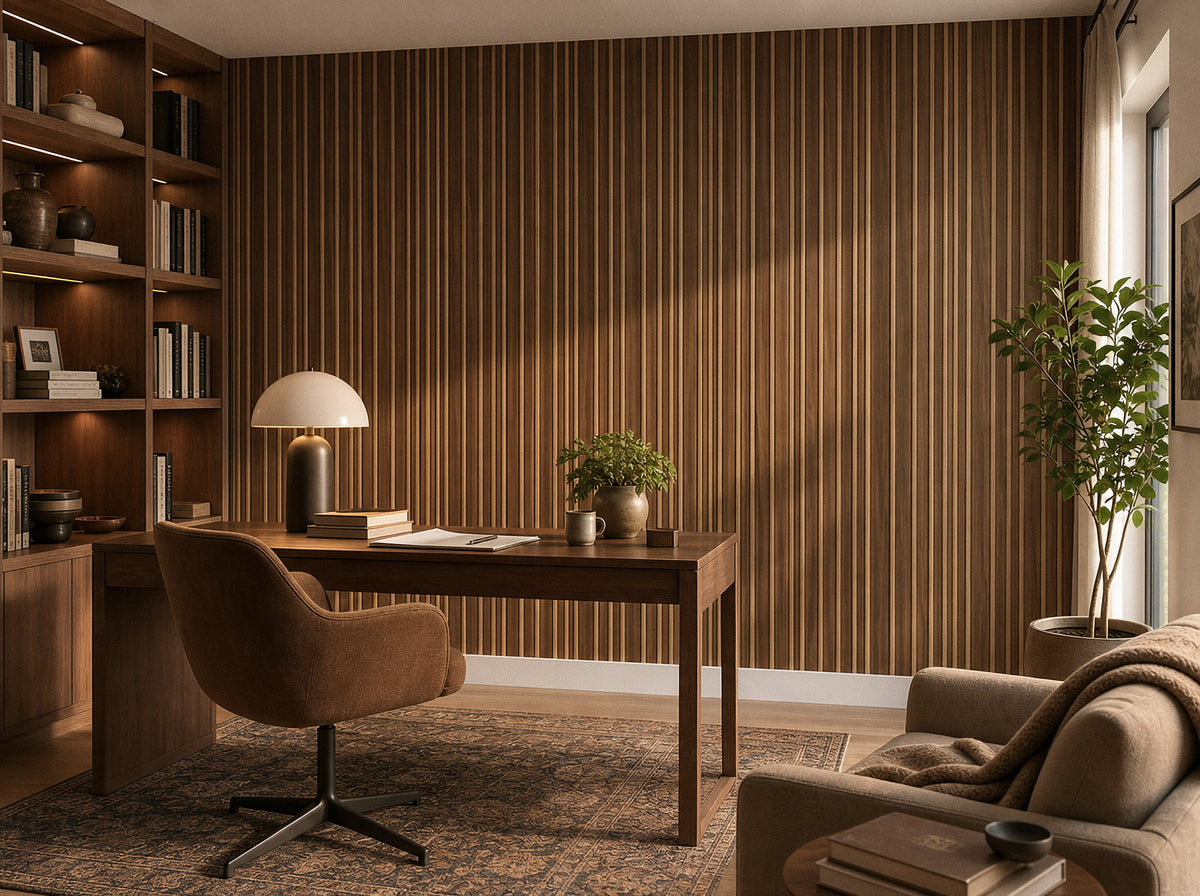 Panel de listones autoadhesivo LOFT Espresso Walnut, perfil Cadence, en un living de oficina
