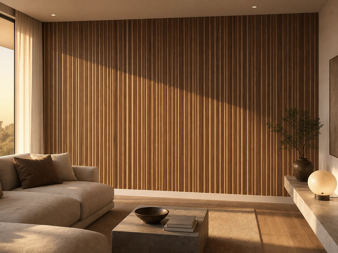 Panel de listones autoadhesivo LOFT Espresso Walnut, perfil Cadence — frente del panel, 40 × 26 cm