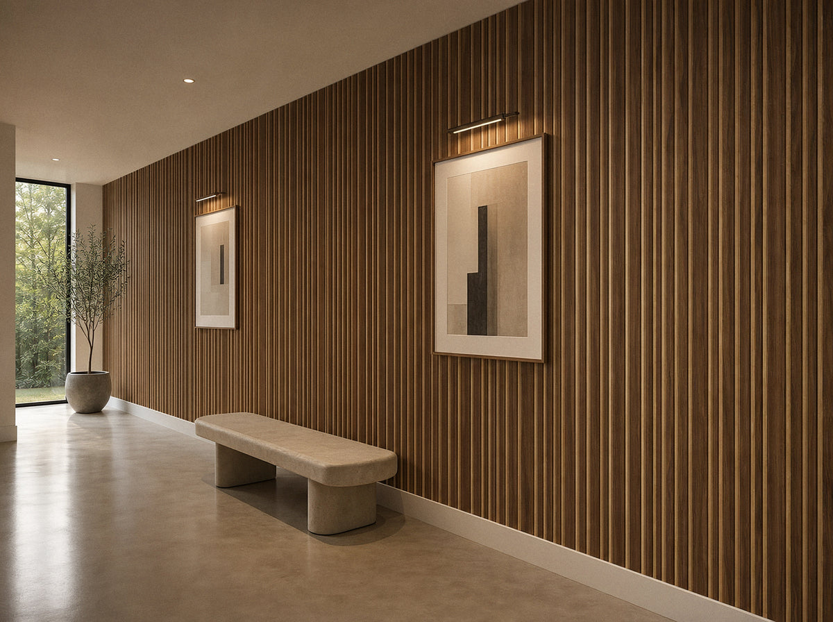 Panel de listones autoadhesivo LOFT Espresso Walnut, perfil Cadence, en un pasillo