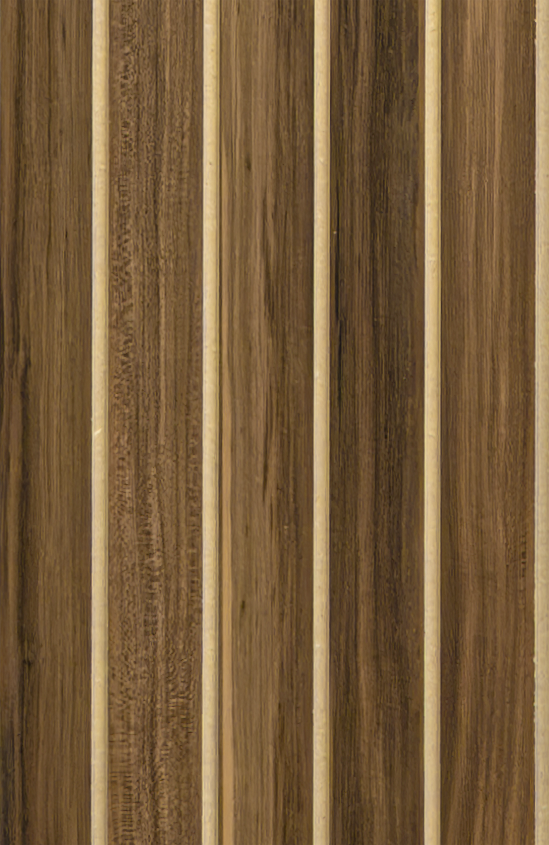Panel de listones autoadhesivo LOFT Espresso Walnut, perfil Grand Slat — frente del panel, 40 × 26 cm