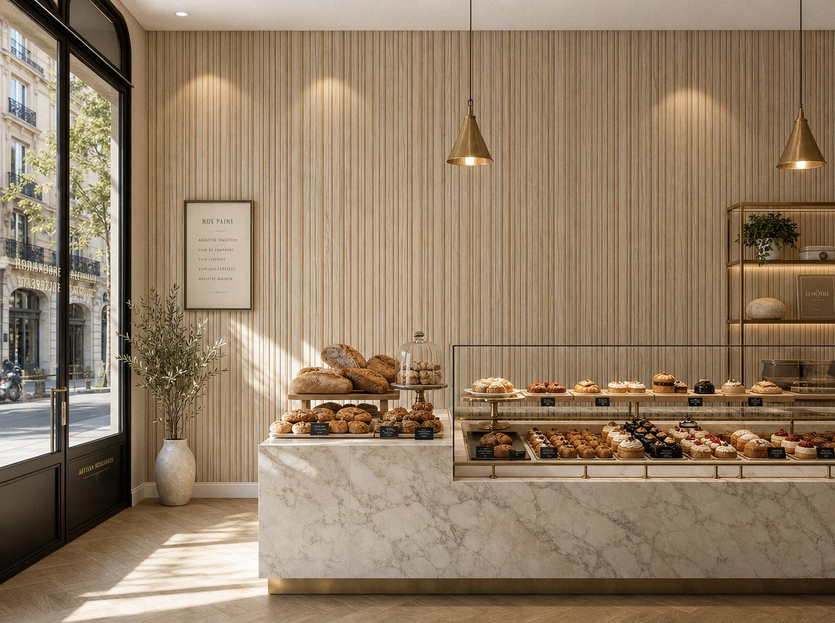 Panel de listones autoadhesivo LOFT Frost Cypress, perfil Cadence — cuarta vista de ambiente