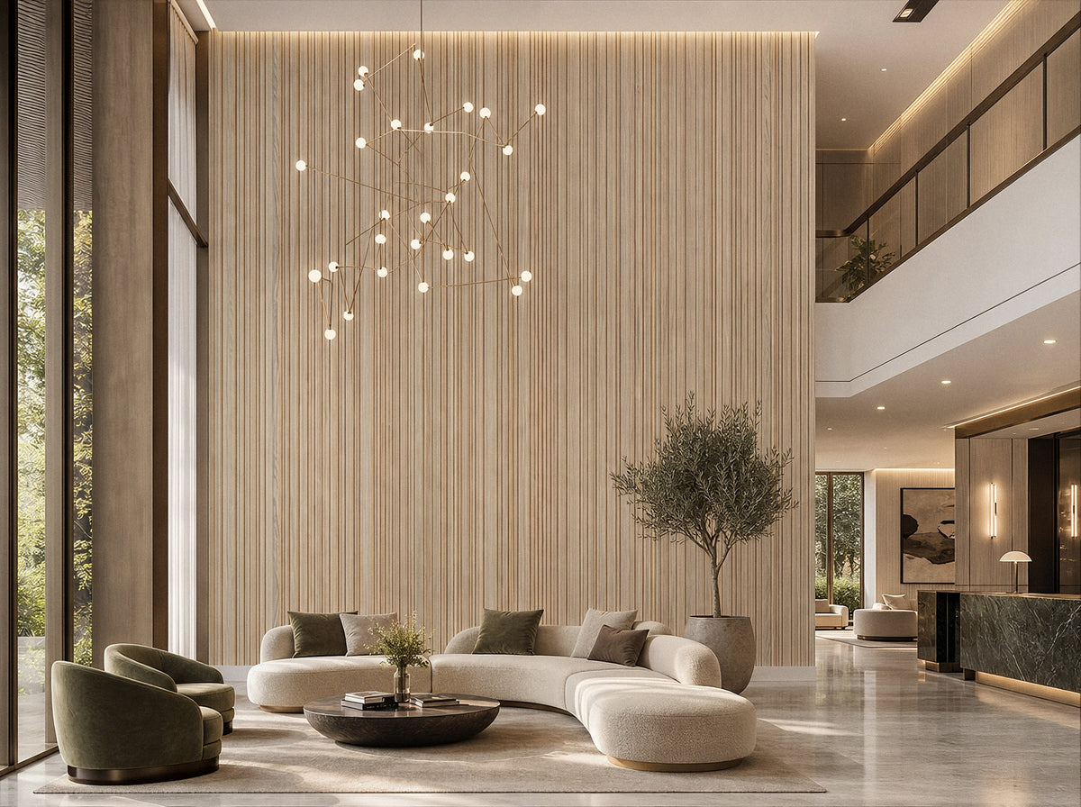 Panel de listones autoadhesivo LOFT Frost Cypress, perfil Cadence — quinta vista de ambiente