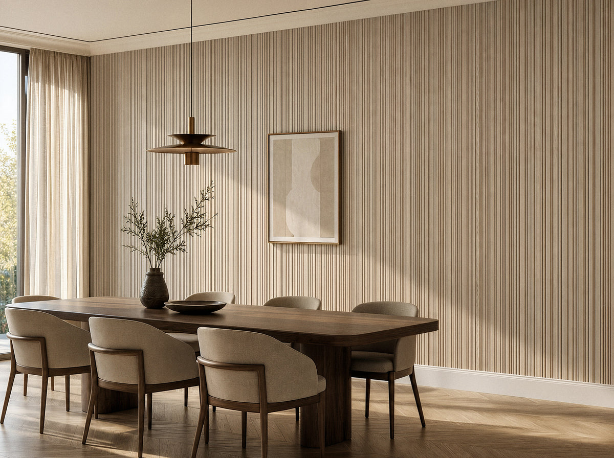 Panel de listones autoadhesivo LOFT Frost Cypress, perfil Cadence — sexta vista de ambiente