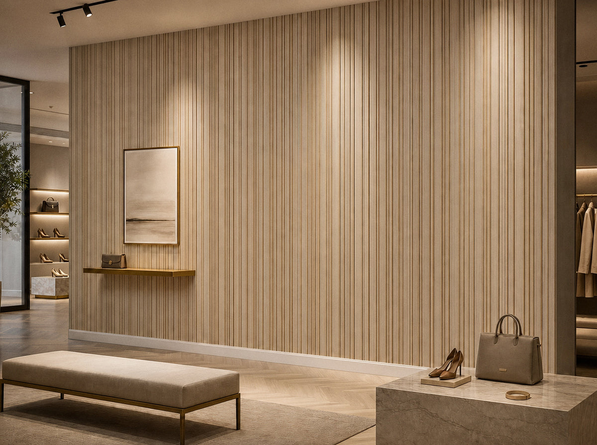 Panel de listones autoadhesivo LOFT Frost Cypress, perfil Cadence — séptima vista de ambiente