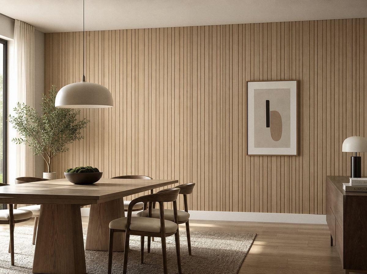 Panel de listones autoadhesivo LOFT Nordic Oak, perfil Cadence, en un comedor