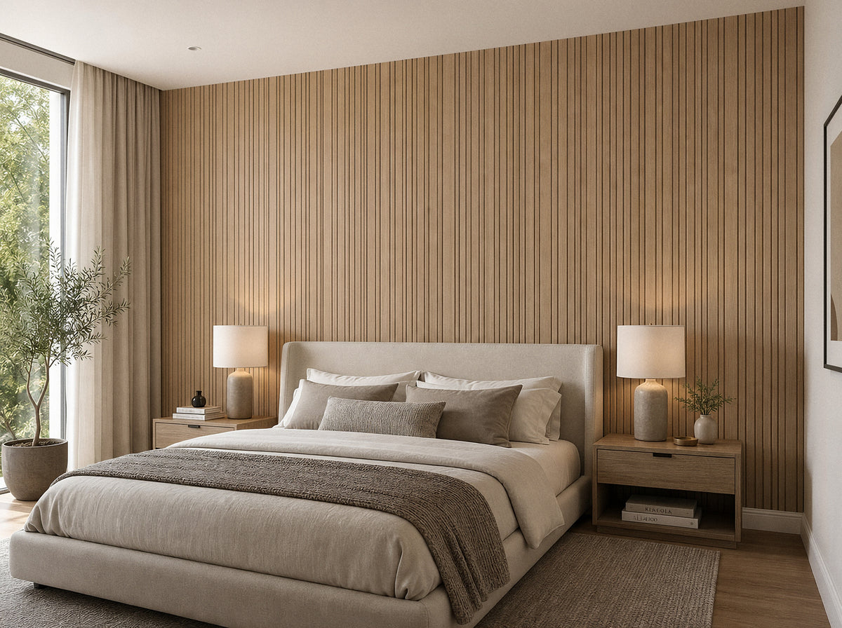 Panel de listones autoadhesivo LOFT Nordic Oak, perfil Cadence, en un dormitorio