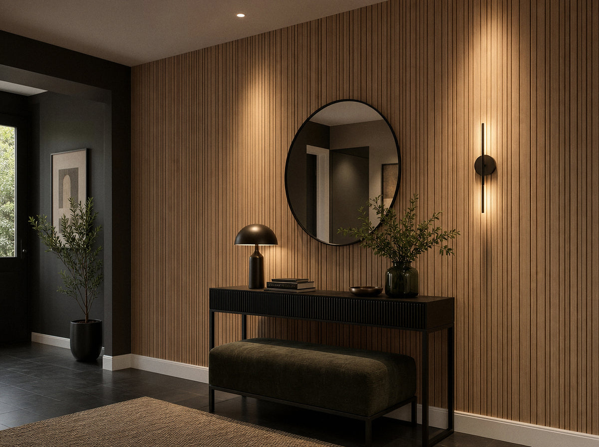 Panel de listones autoadhesivo LOFT Nordic Oak, perfil Cadence, en un hall de entrada