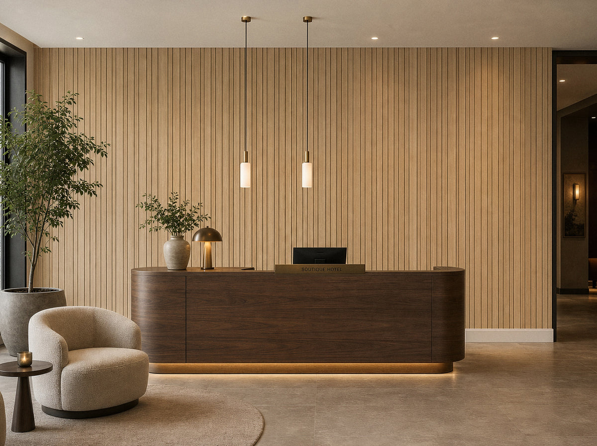 Panel de listones autoadhesivo LOFT Nordic Oak, perfil Cadence, en un hotel