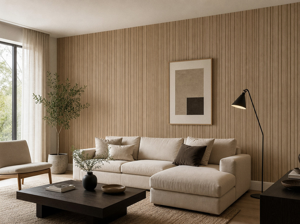 Panel de listones autoadhesivo LOFT Nordic Oak, perfil Cadence, en un living