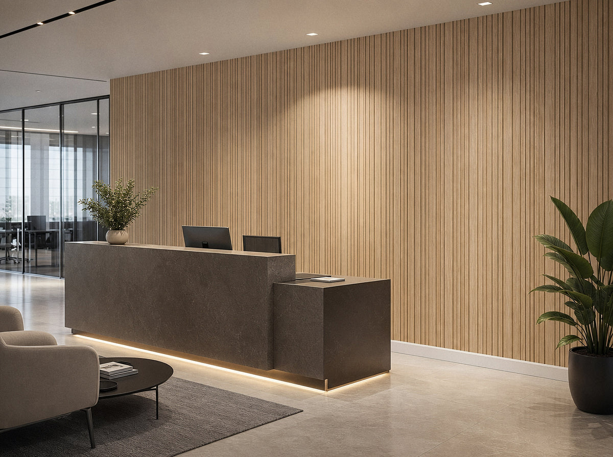 Panel de listones autoadhesivo LOFT Nordic Oak, perfil Cadence, en una recepción
