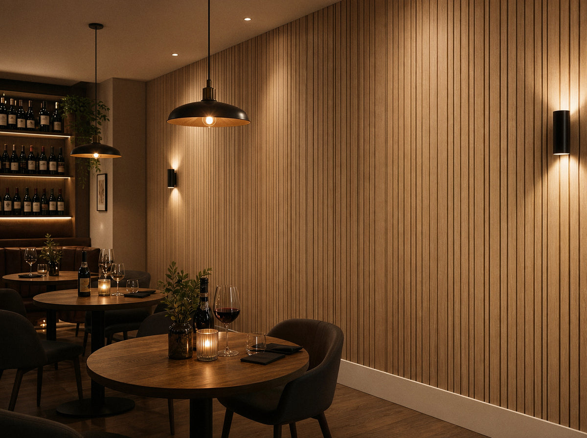 Panel de listones autoadhesivo LOFT Nordic Oak, perfil Cadence, en un restaurante