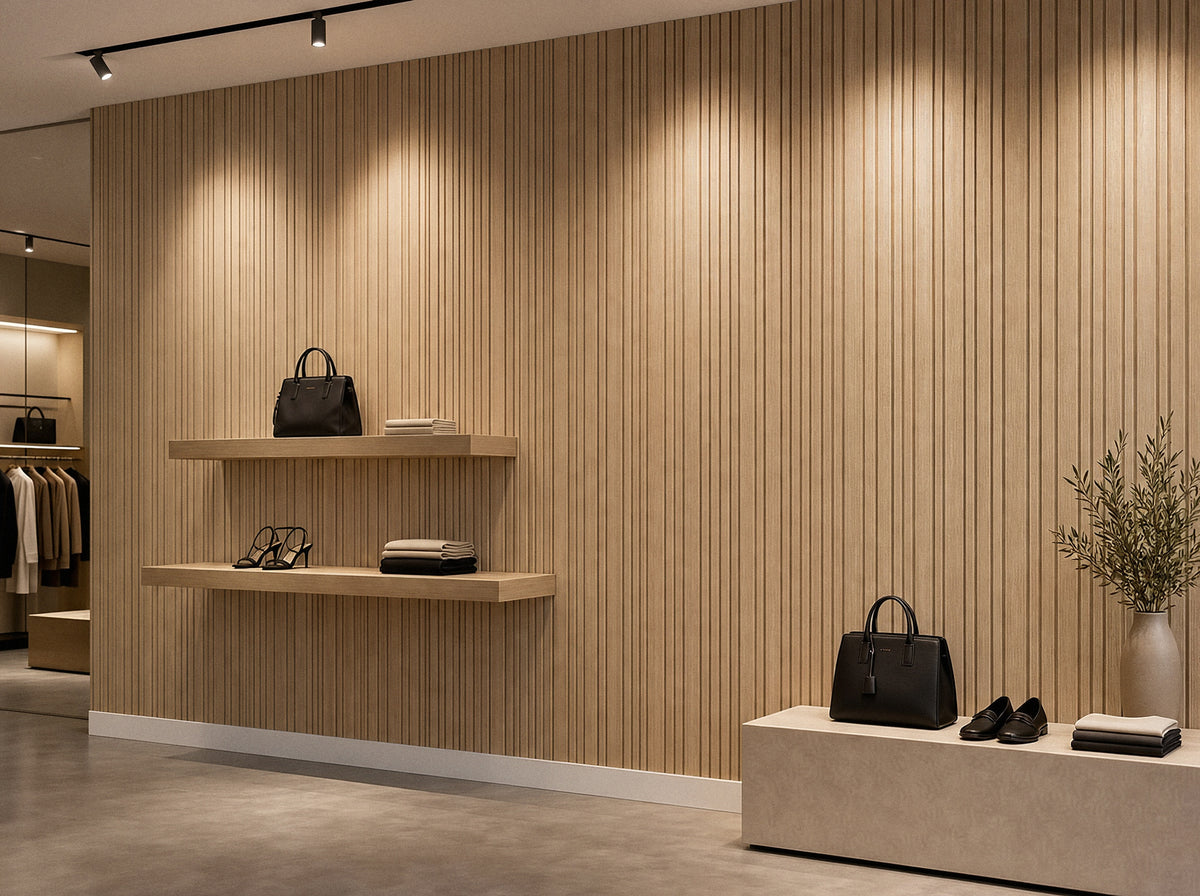 Panel de listones autoadhesivo LOFT Nordic Oak, perfil Cadence, en un local comercial