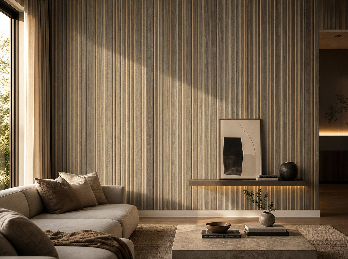 Panel de listones autoadhesivo LOFT Silver Oak, perfil Cadence, instalado en pared