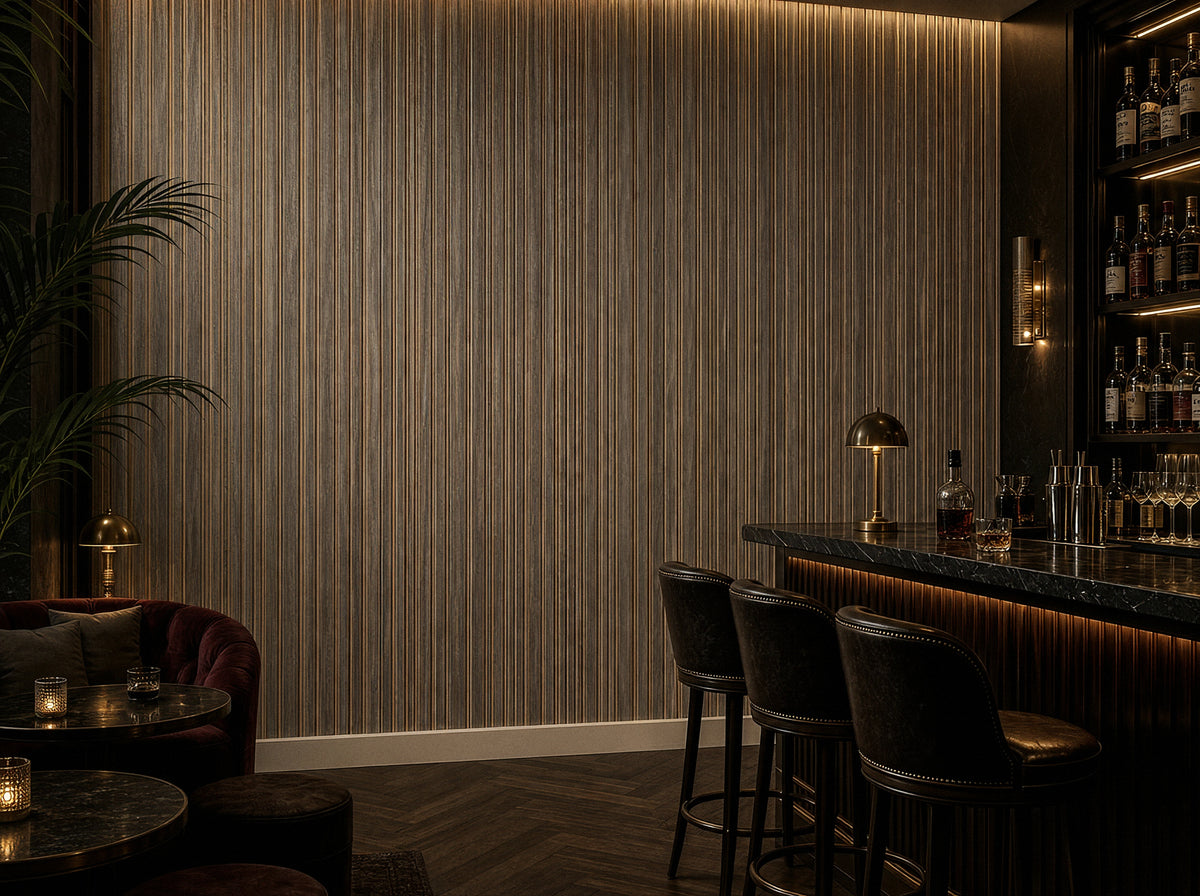 Panel de listones autoadhesivo LOFT Silver Oak, perfil Cadence — quinta vista de ambiente